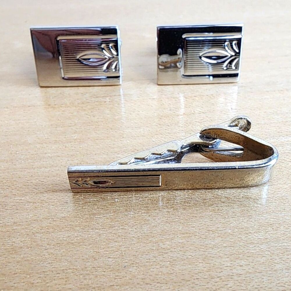 Vintage Silver / Gold Tone Cufflinks & Tie Clip Set, 3 Piece Bullet Backs